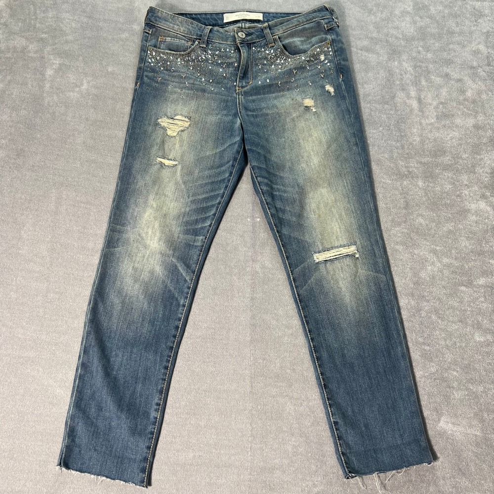 Abercrombie & Fitch Womens Straight Jeans 32 Blue Distressed Rhinestone Denim